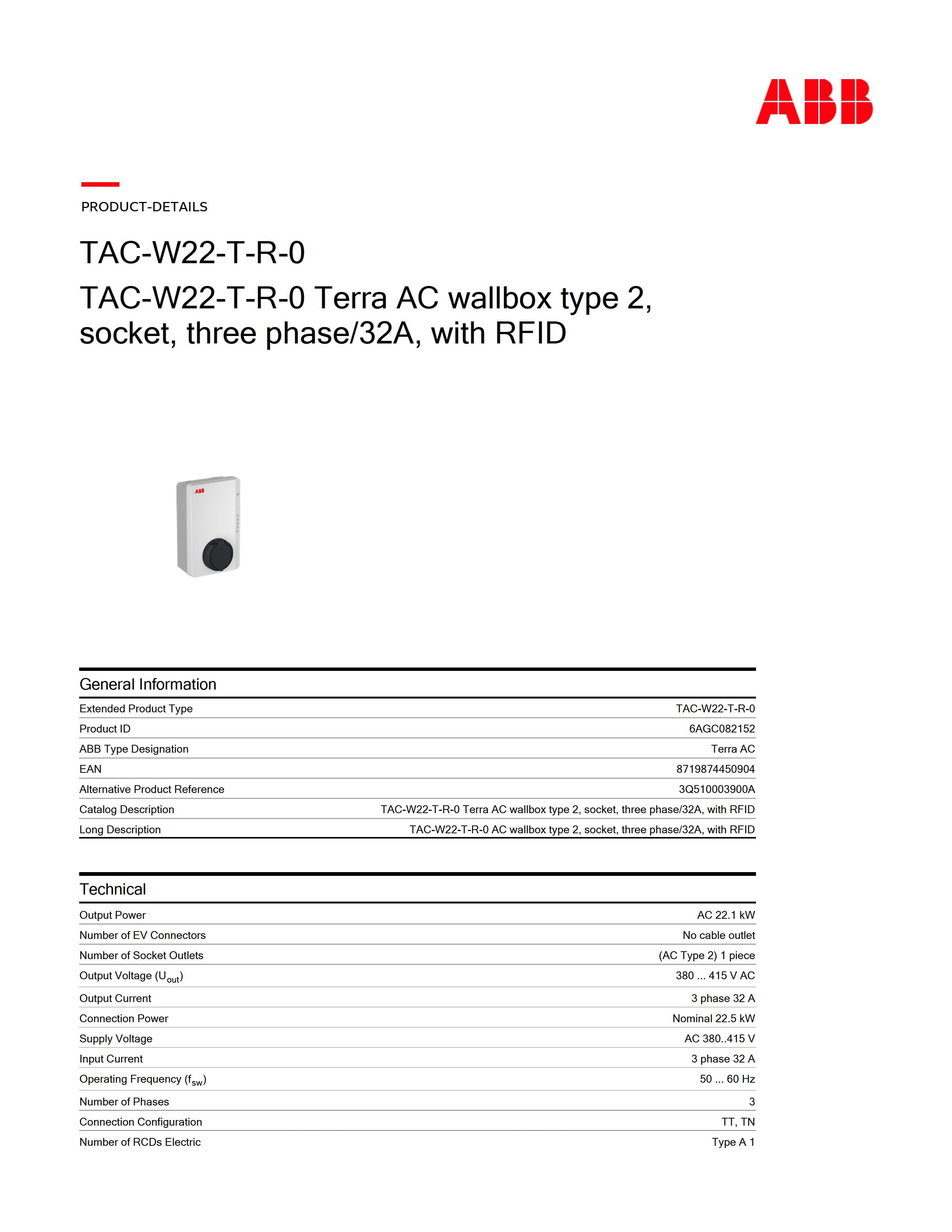 <transcy>Electric car charger ABB Terra AC W22-T-R-0</transcy>
