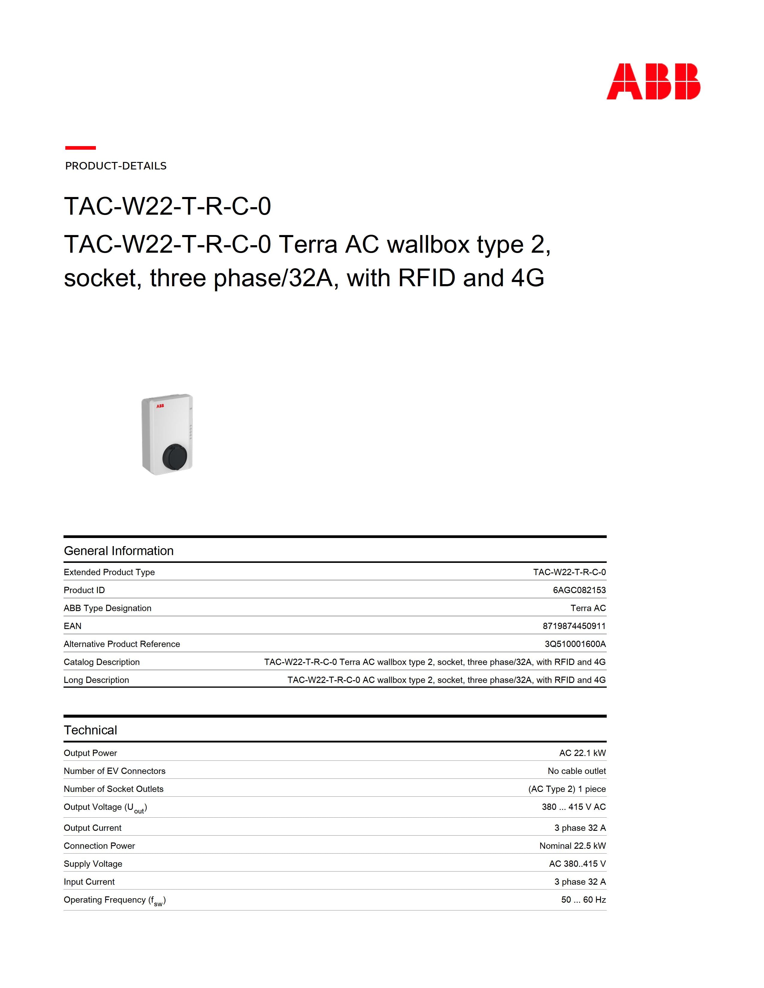 Elekrtiauto laadija ABB Terra AC W22-T-R-C-0