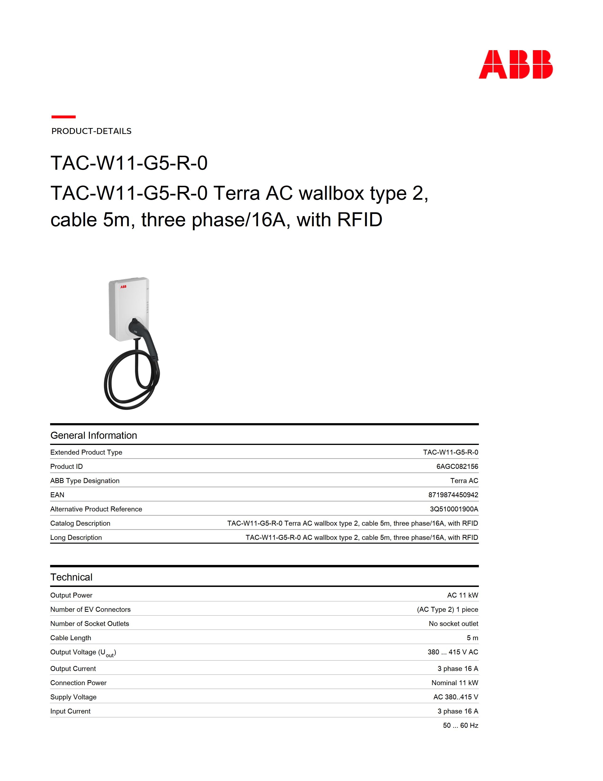 Elekrtiauto laadija ABB Terra AC W11-G5-R-0
