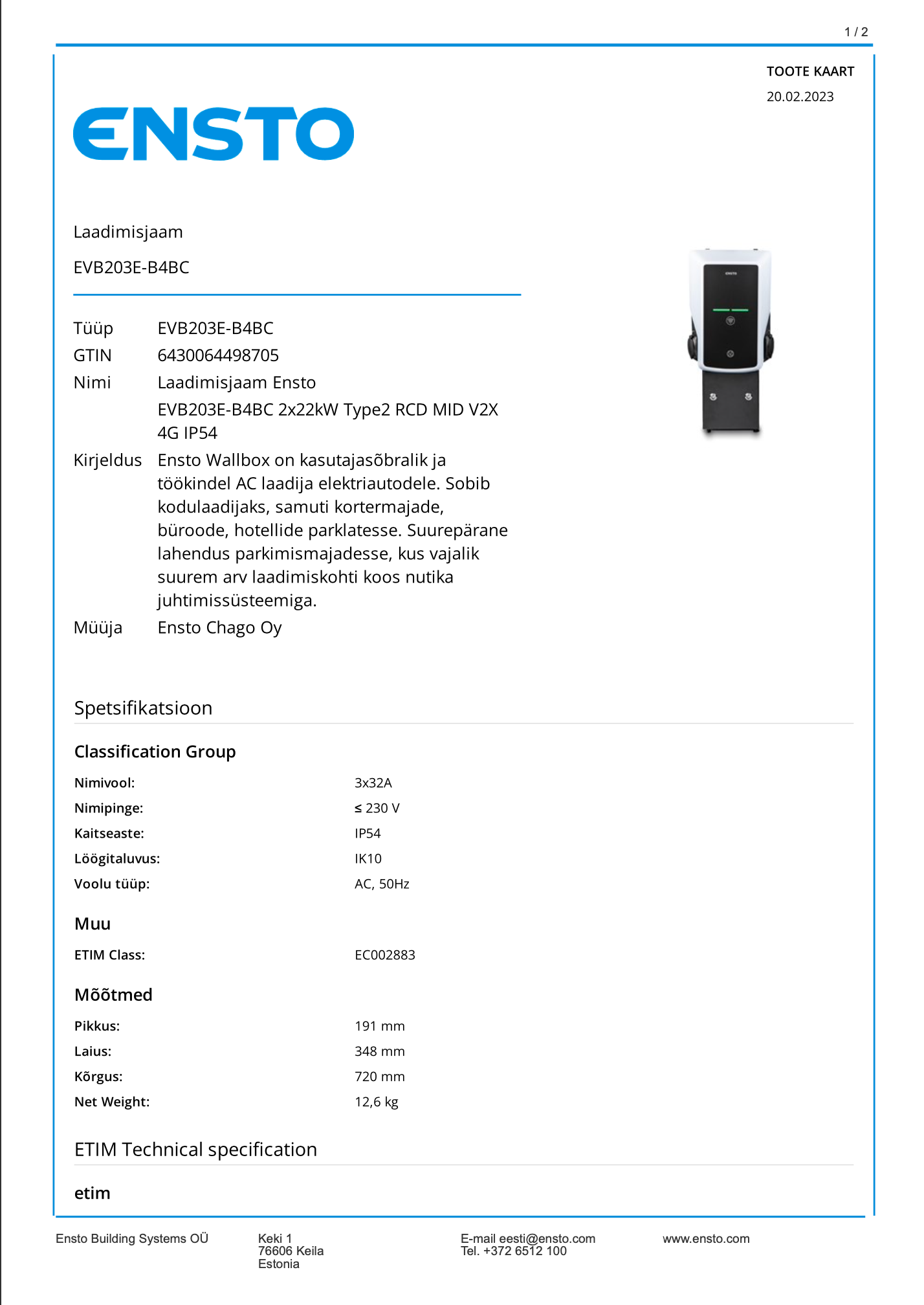 Laadimisjaam Ensto EVB203E-B4BC 2x22kW Type2 RCD MID V2X 4G IP54
